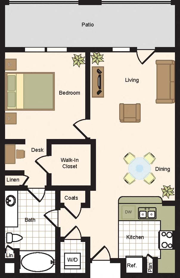 Floor plan for 1 bed, 1 bath, 865 sqft